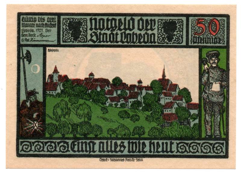 1921 German City of Lobeda (Thuringia) (Federal state of Thuringia) Weimar Republic 50 pfennig Local