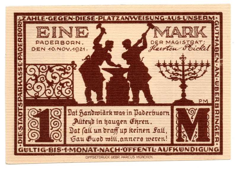1921 German City of Paderborn (notgeld) (Prussian province of Westphalia) Weimar Republic 1 mark Loc