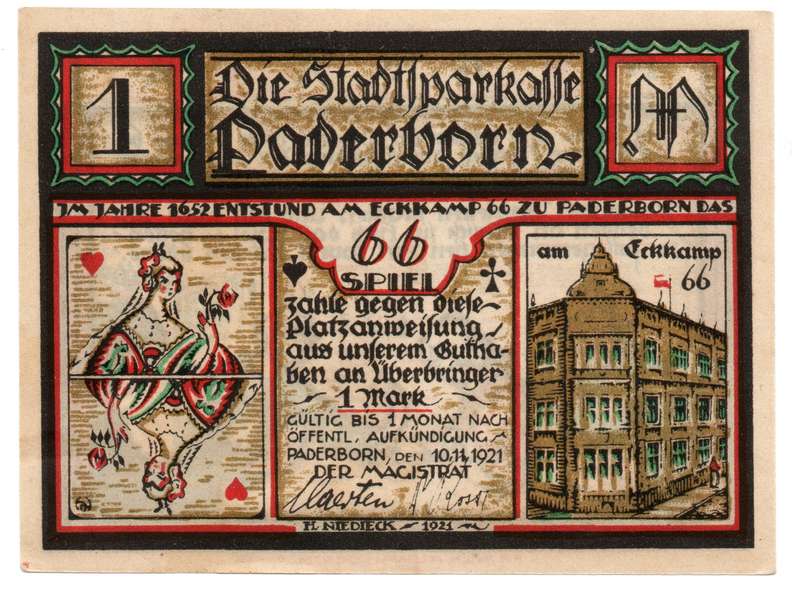 1921 German City of Paderborn (notgeld) (Prussian province of Westphalia) Weimar Republic 1 Mark Loc