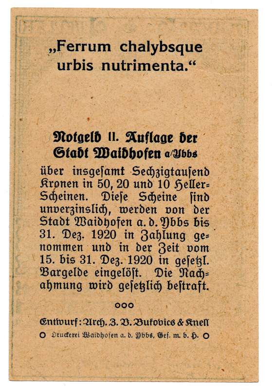 Error 1920 Austria City of Waidhofen an der Ybbs (Federal State of Lower Austria)  20 Heller off cen