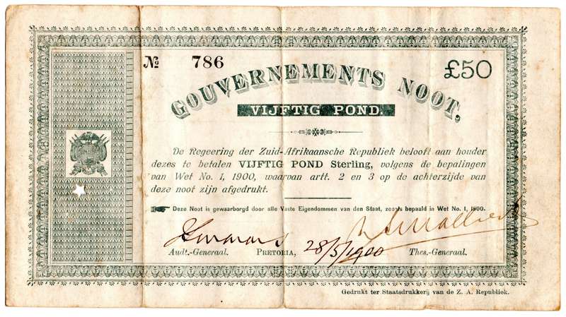 1900 ZAR Pretoria Issue 50 Pound, Variety B Spade Border, Star Cancellation