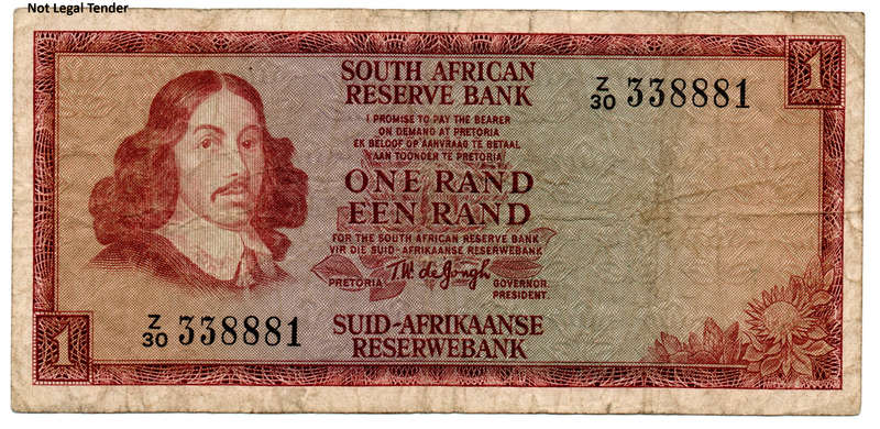 1973 South Africa Type 10 TW De Jongh Second Issue Replacement R1 Prefix "Z30"