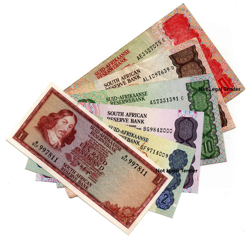 South African Type Set: De Jongh R1, De Kock R2, De Kock R5, CL Stals R10, CL Stals R20, CL Stals R5
