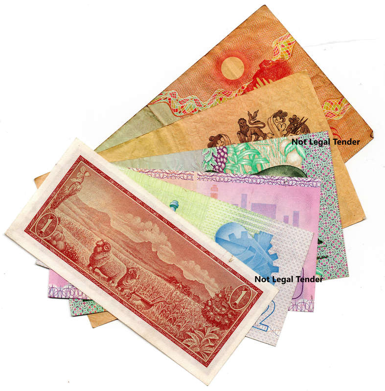 South African Type Set: De Jongh R1, De Kock R2, De Kock R5, CL Stals R10, CL Stals R20, CL Stals R5