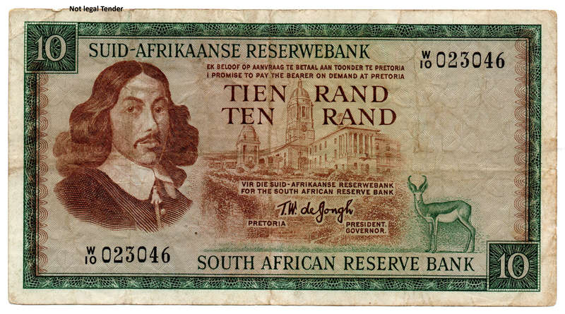 1967 South Africa Type 8 TW De Jongh First Issue Replacement R10 "W10"