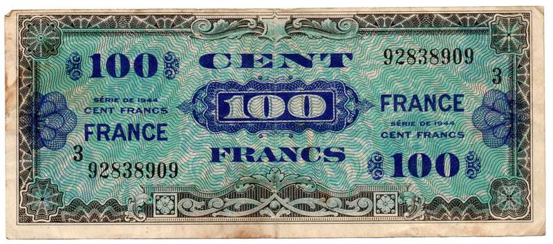 1944 France WW2 Issue 100 Francs Pick#118a, staple holes, folds