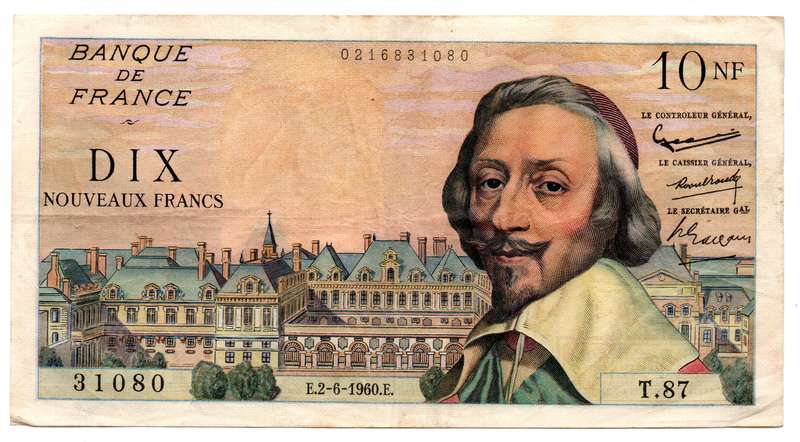 1960 France Nouveaux 10 Francs Pick#142a, 4 staple left holes left bottom, centre fold