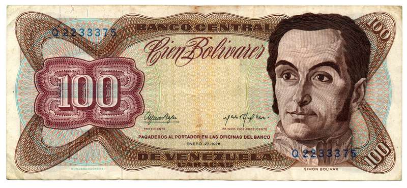 1976 Venezuela 100 Bolivares Pick#55d, folds and creasing