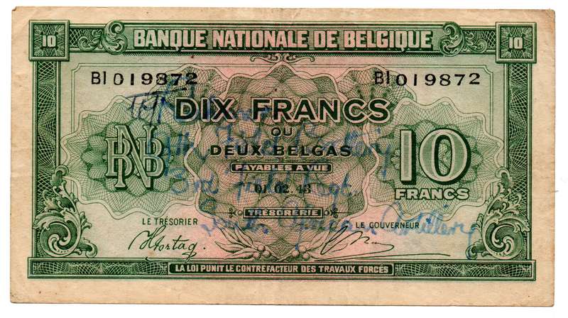 1943 Belgium 10 Francs/2 Belgas Pick#122, Anotated "R.... 9th Field Battery, 3rd Field Regt. South