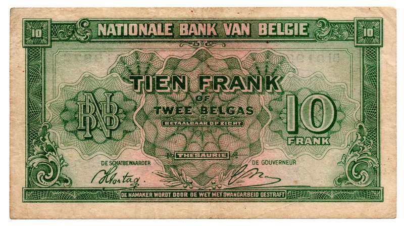 1943 Belgium 10 Francs/2 Belgas Pick#122, Anotated "R.... 9th Field Battery, 3rd Field Regt. South