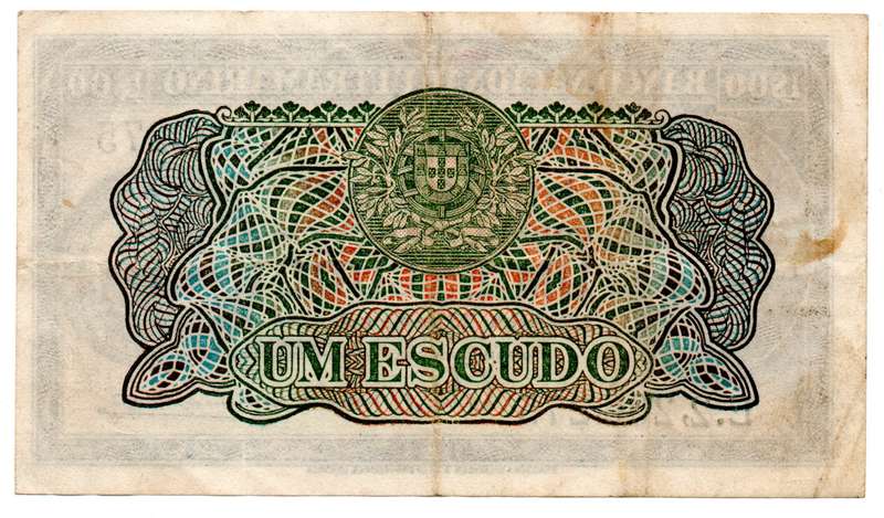 1944 Mozambique 1 Escudo Pick#92, minor folds and creases