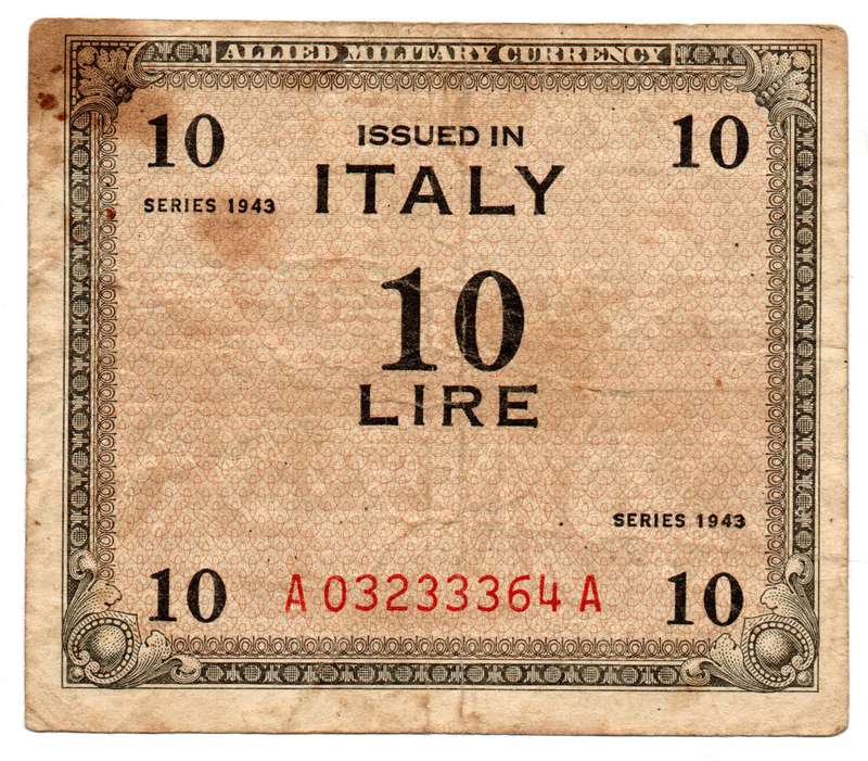 1943 Italy Allied Military Currency 10 Lire, folds, stains