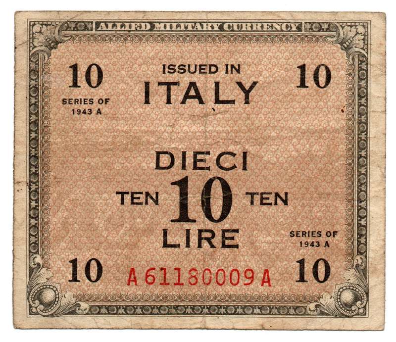 1943-A Italy Allied Military Currency 10 Lire, folds