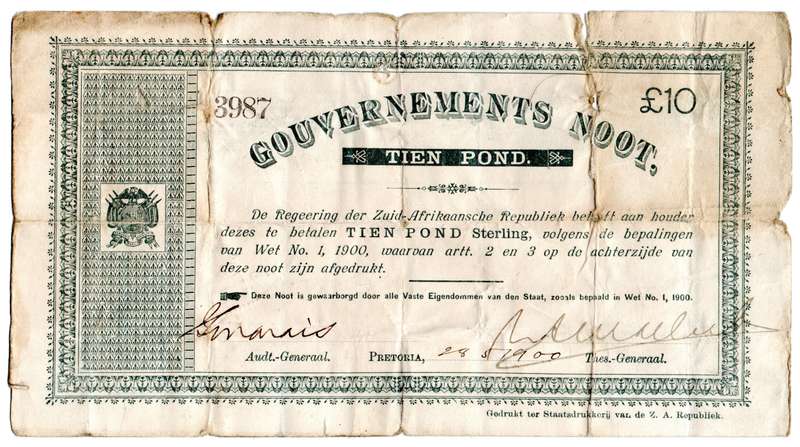 1900 ZAR Pretoria Issue Filler 10 Pound, Variety A Spade Border, folds, stains, bad edge tears, Righ