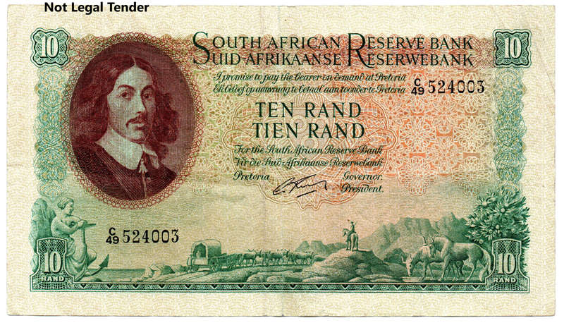 1962 South Africa G Rissik Type 4 First Issue R10, folds
