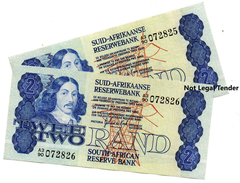 Pair of Consecutive 1981 South Africa Type 8 GPC De Kock First Issue R2's "072825 to 072826"