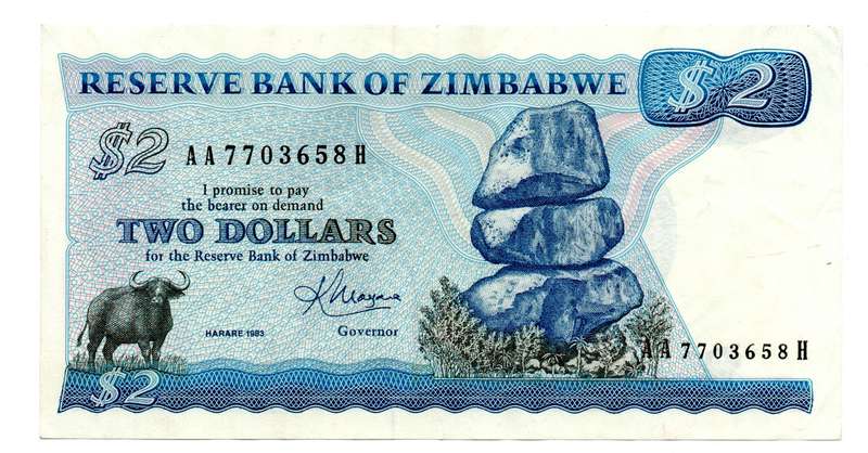 1983 Zimbabwe Harare $2, Signature 2 Pick#1b Right corner fold