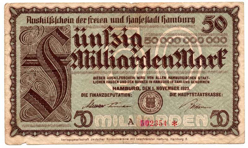 1923 German Temporary Certificate of the Free and Hanseatic City of Hamburg, Replacement (Star) 50 B