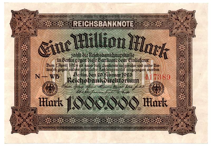 1923 German Berlin Reichsbanknote 1 Million Mark, verticle fold