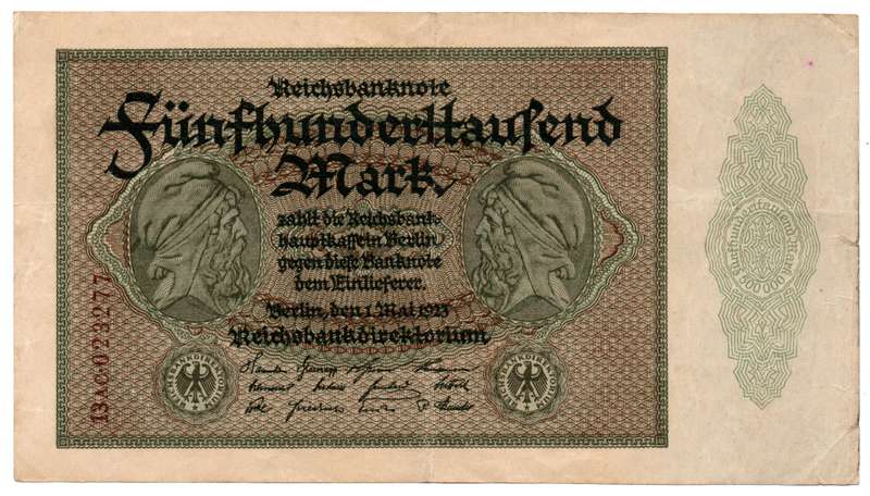 1923 German Berlin Reichsbanknote 500 000 Mark, verticle fold