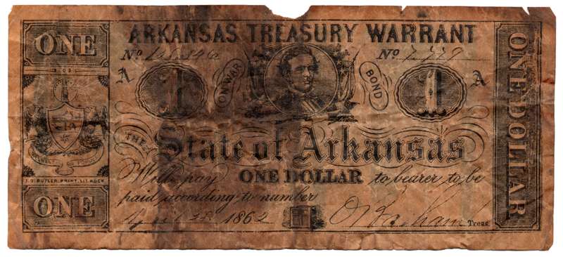 1862 United States Arkansas Treasury 1 Dollar Reproduction, edge tears, stains, folds