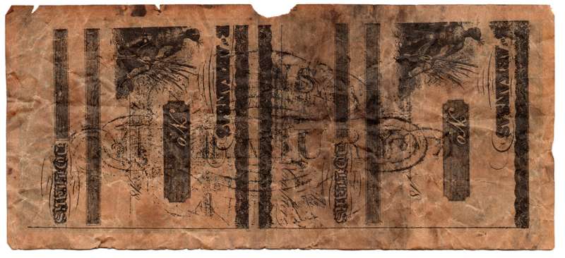 1862 United States Arkansas Treasury 1 Dollar Reproduction, edge tears, stains, folds