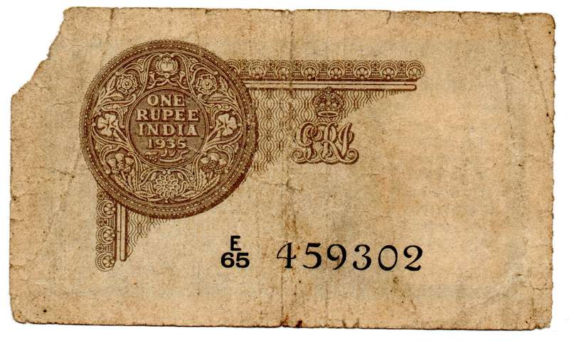 1935 India 1 Rupee Filler Pick#14b corner missing, edge tears
