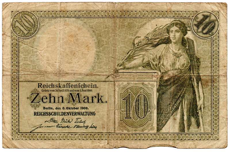 1906 German Berlin 10 Mark Pick#9b, folds and stains