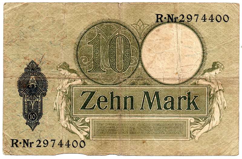 1906 German Berlin 10 Mark Pick#9b, folds and stains