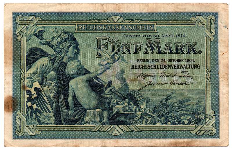 1904 German Berlin 5 Mark Pick#8b, folds and stains