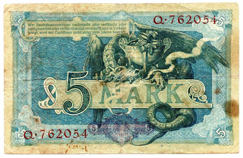 1904 German Berlin 5 Mark Pick#8b, folds and stains