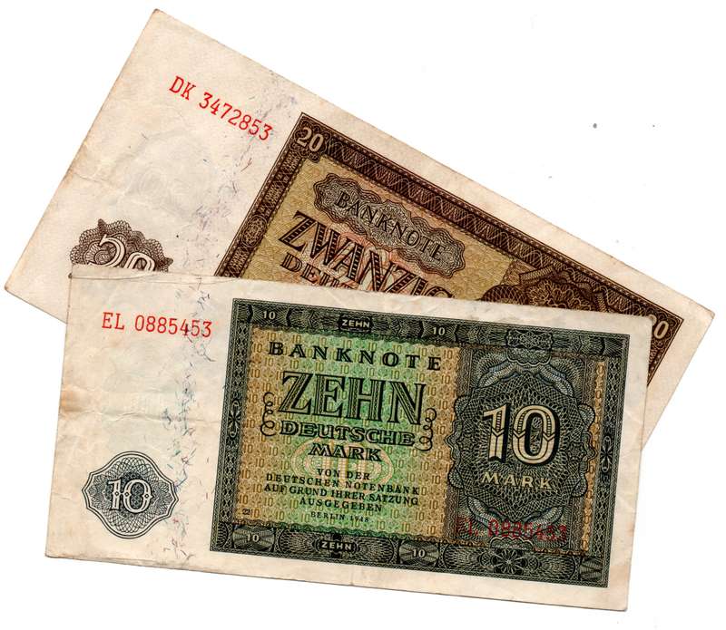 1948 German Pair of 10 Mark Pick#12 and 20 Mark Pick#13, folds, stains, foxing