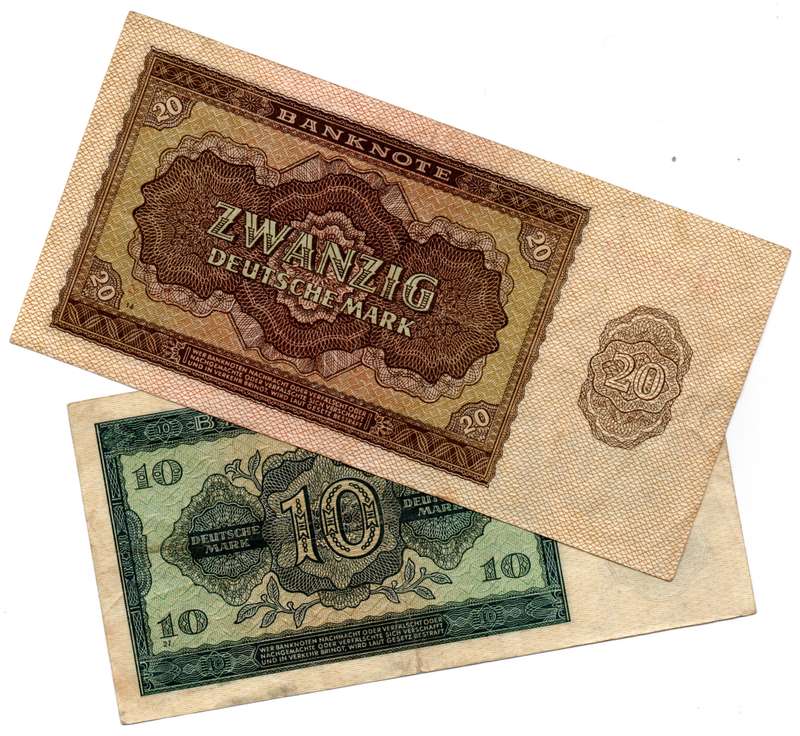 1948 German Pair of 10 Mark Pick#12 and 20 Mark Pick#13, folds, stains, foxing