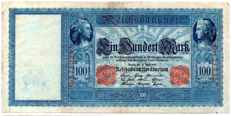 1910 German Berlin Reichsbanknote 100 Mark, Pair of Seal Varieties: Green and Red Seal Pick#42/43, f