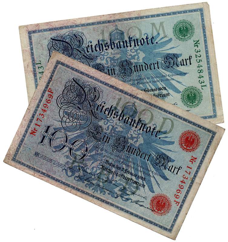 1908 German Berlin Reichsbanknote 100 Mark, Pair of Seal Varieties: Green and Red Seal Pick#30/34