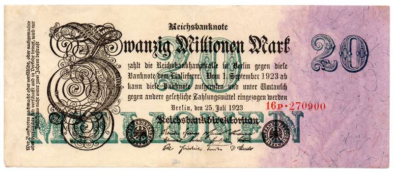 1923 German Berlin Reichsbanknote 20 Million Mark, Pair of Serial Number Varities Pick#97b