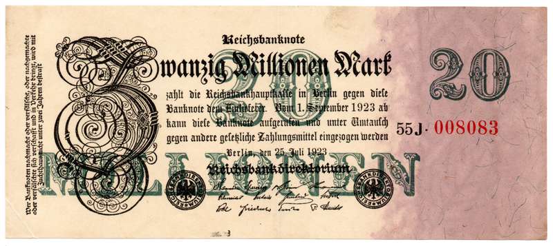 1923 German Berlin Reichsbanknote 20 Million Mark, Pair of Serial Number Varities Pick#97b