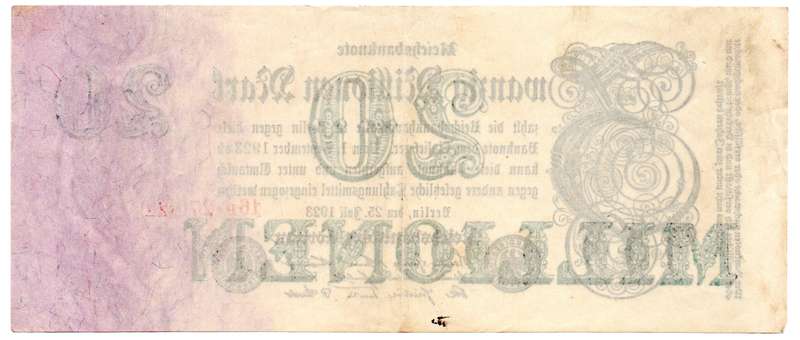 1923 German Berlin Reichsbanknote 20 Million Mark, Pair of Serial Number Varities Pick#97b