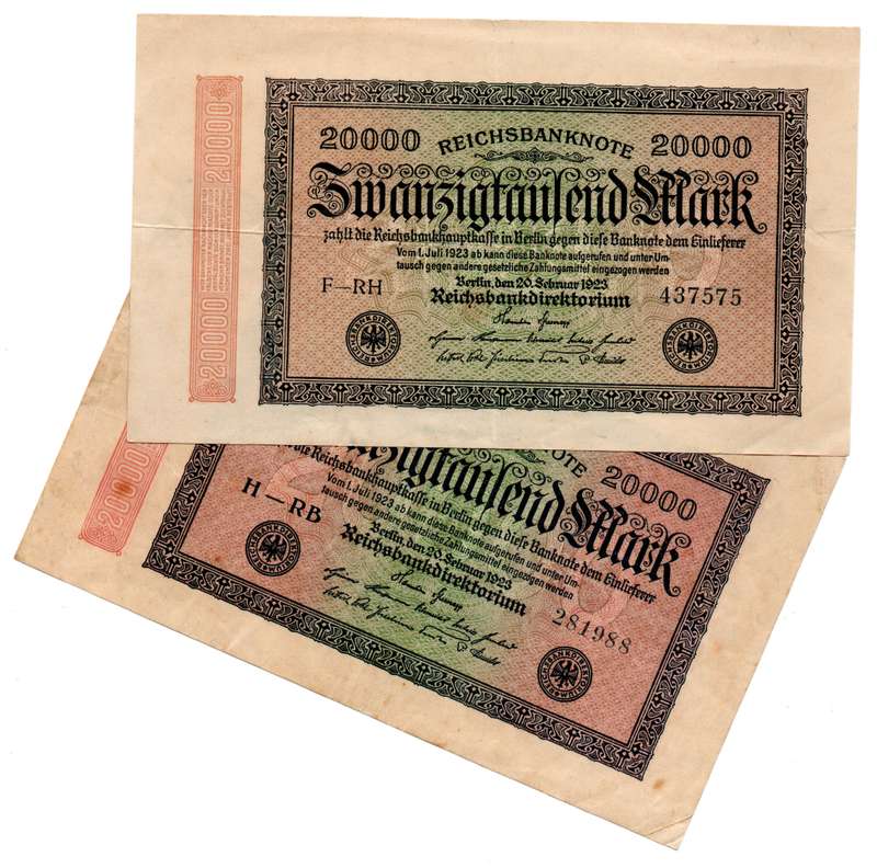 1923 German Reichsbank 20 000 Mark, Pair of watermark Varieties: P#85a, Watermark: Small circles and