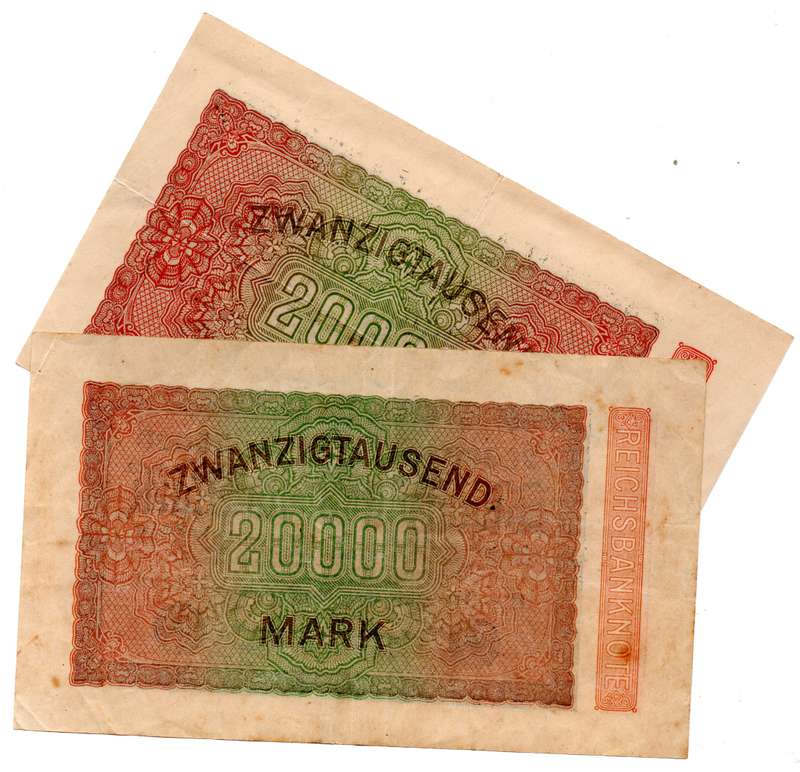 1923 German Reichsbank 20 000 Mark, Pair of watermark Varieties: P#85a, Watermark: Small circles and