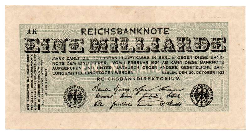 1923 German Reichsbank 1 Billion Mark Without a serial number, small Crucifera Blossoms Watermark, v