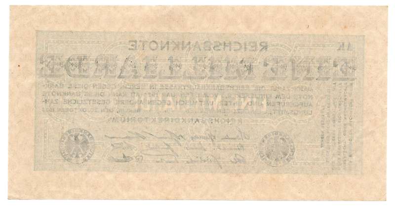 1923 German Reichsbank 1 Billion Mark Without a serial number, small Crucifera Blossoms Watermark, v