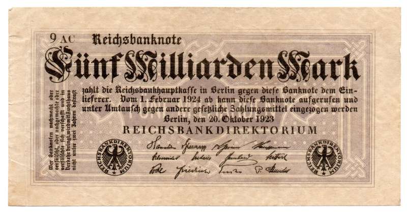 1923 German Reichsbank 5 Billion Mark Without serial number, small Crucifera Blossoms Watermark, ver