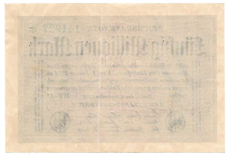 1923 German Reichsbank 50 Million Mark Star Replacement with un-catalogued watermark, D within 6-poi