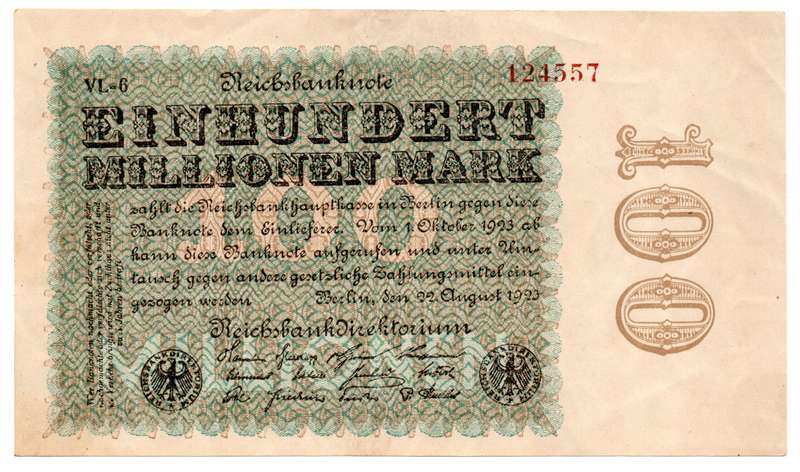 1923 German Reichsbank 100 Million Mark, un-cataloged watermark variety: The Letter "C" in stars