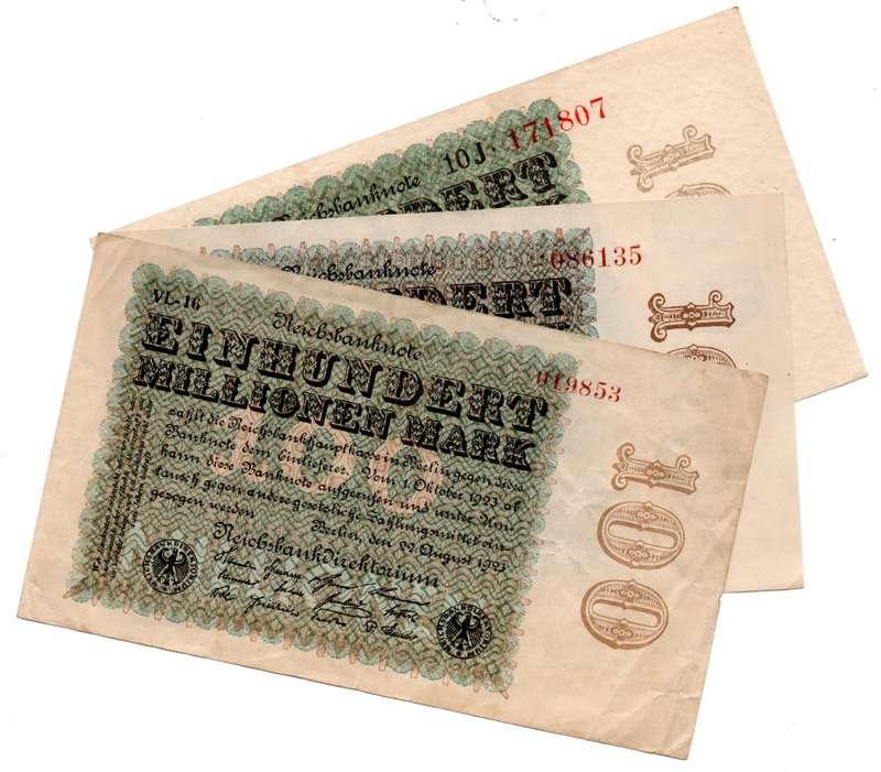 1923 German Reichsbank 100 Million Mark, Trio of watermark varieties: Watermarks: Small crucifera bl