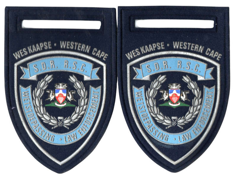 Pair of South Africa Western Cape Law Enforcement S.D.R R.S.C Rubberised Cloth Shoulder Flashes 87mm