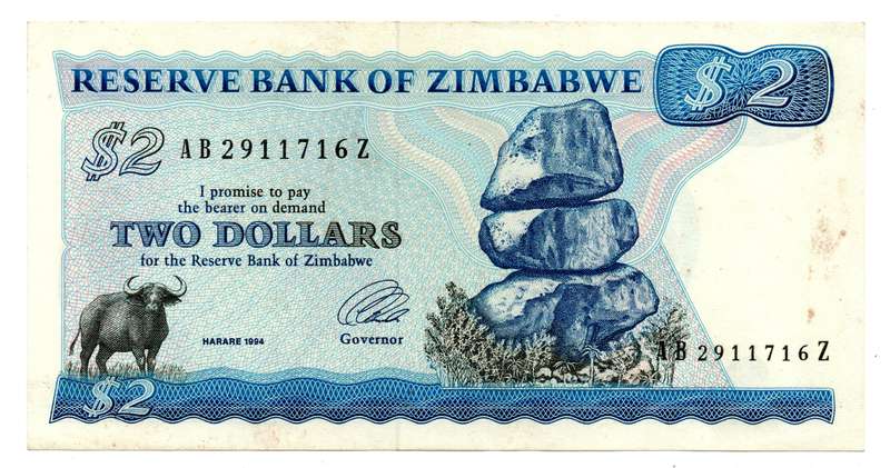 1994 Zimbabwe 2 Dollars Signature 3 Type a, Pick#1C minor stains