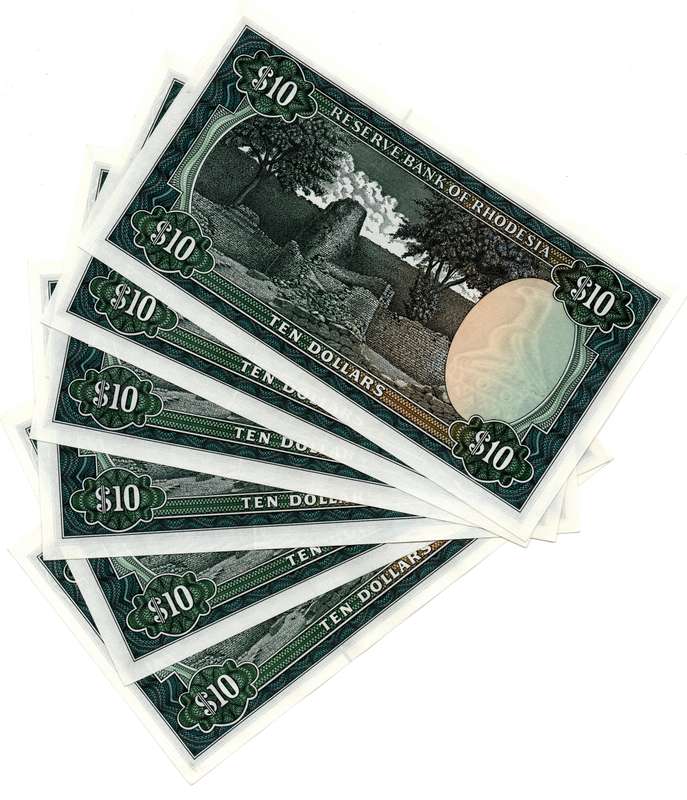 Lot of 6 x Consecutive 1979 Rhodesia 10 Dollars "340334 to 340339", Pick#41