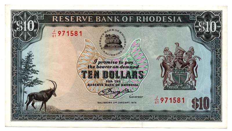 1979 Rhodesia 10 Dollars Pick#41, minor creases
